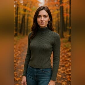 Women Mock Neck Ribbed Knit Crop Sweater Dark Green